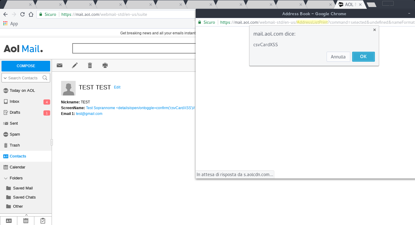 Blind stored XSS in AOL Mail via vCard import